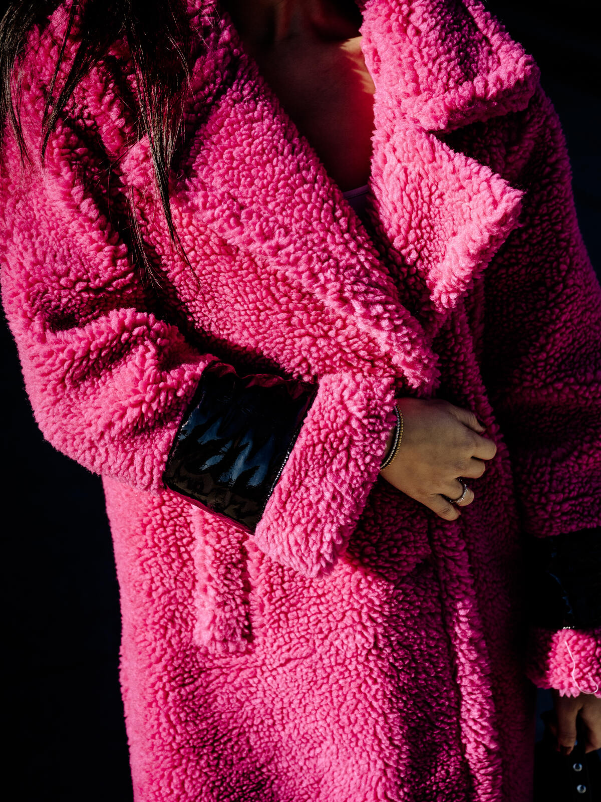 Cyclamen coat with patent leather trims