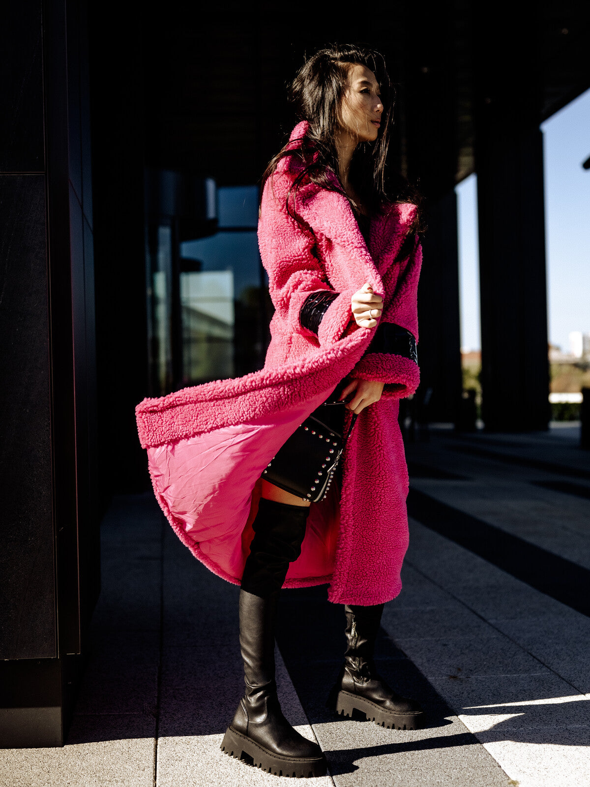 Cyclamen coat with patent leather trims