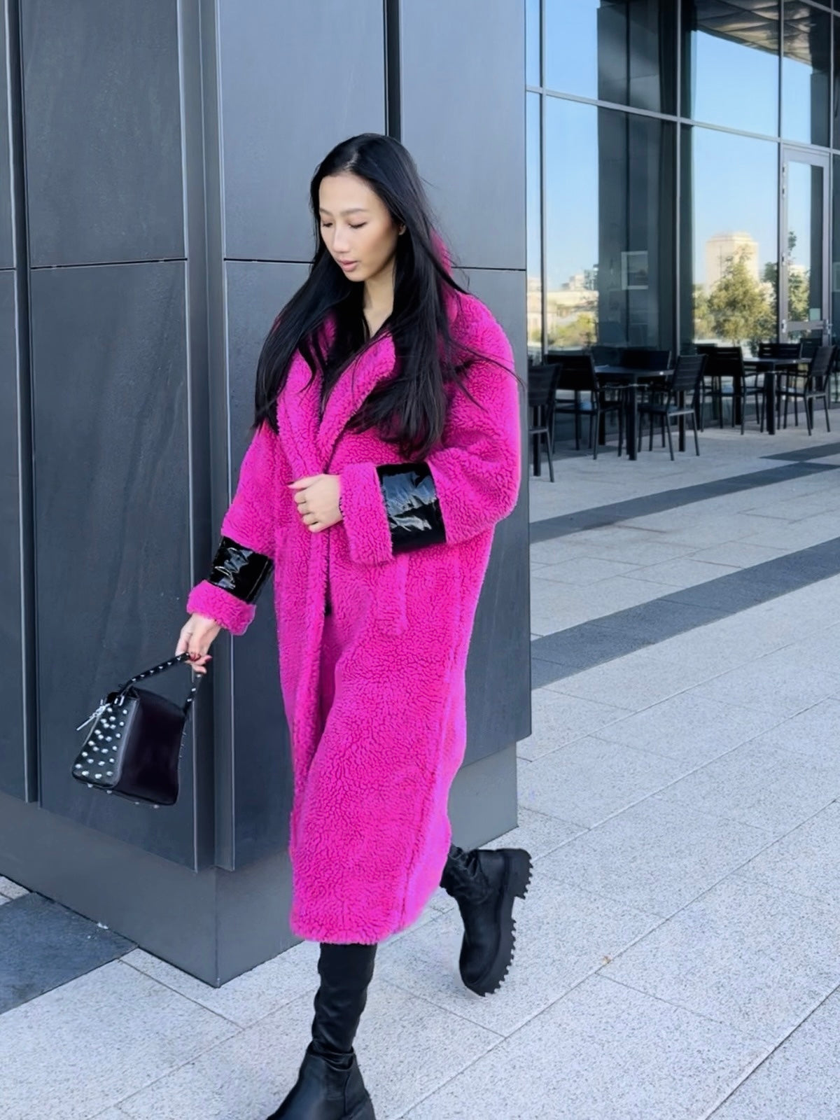 Cyclamen coat with patent leather trims