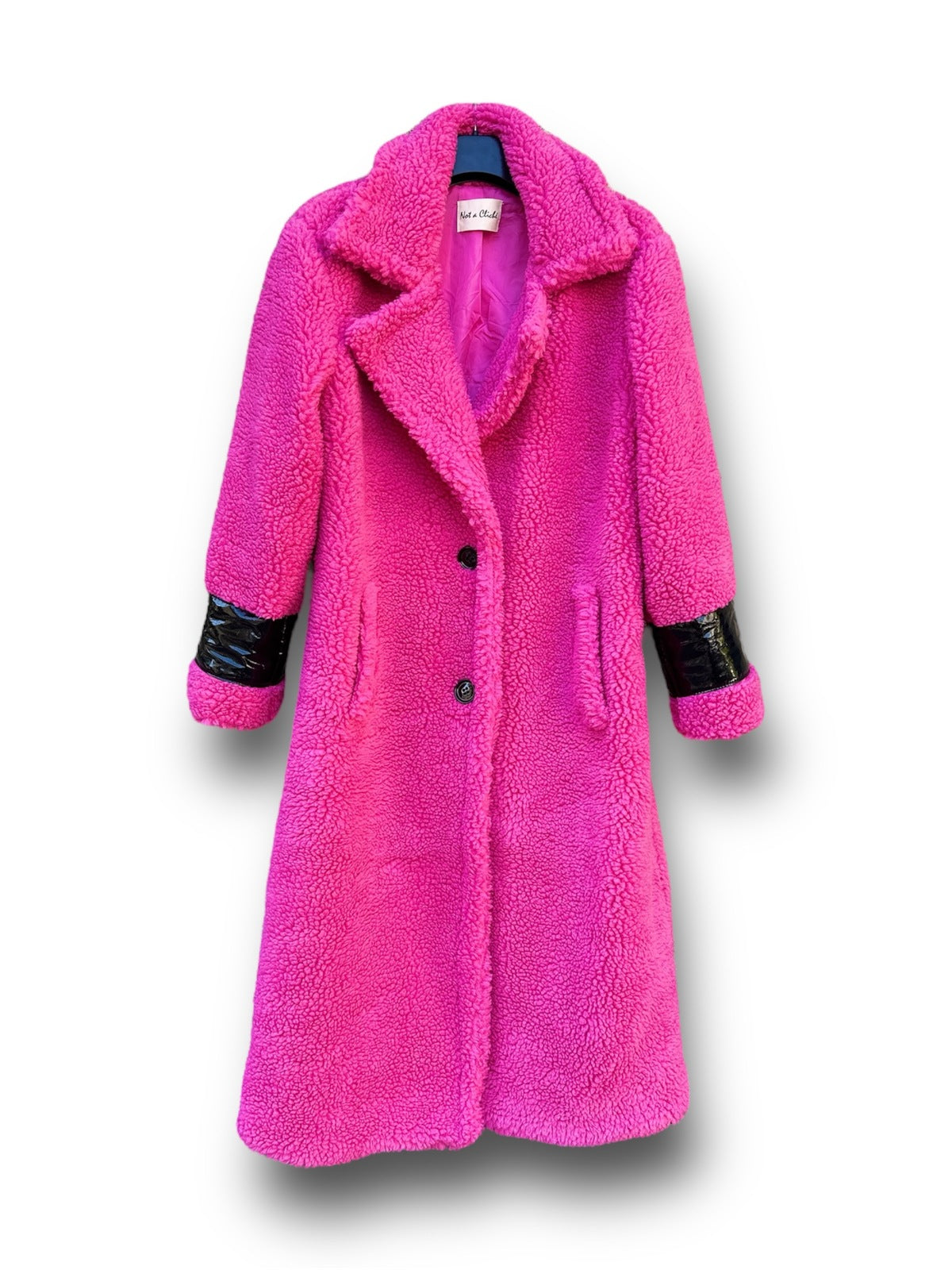 Cyclamen coat with patent leather trims