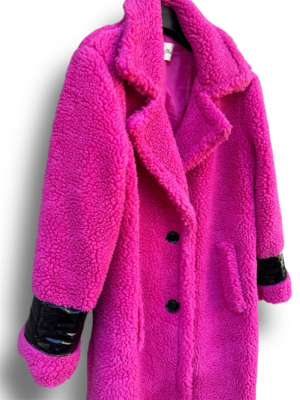 Cyclamen coat with patent leather trims
